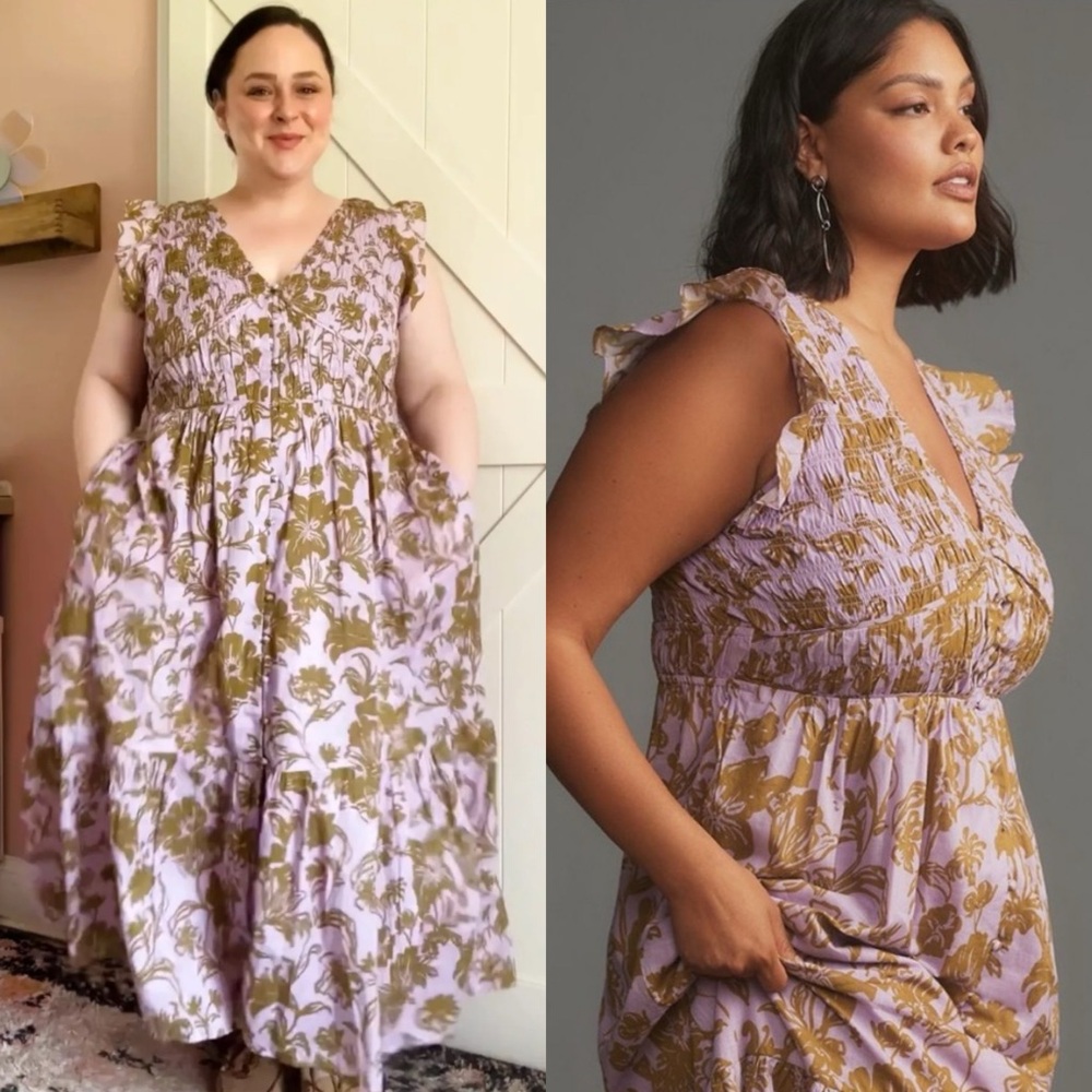 ANTHROPOLOGIE The Peregrine Midi Dress Lilac & Olive Green Floral 1X - Picture 2 of 8